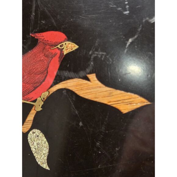 Couroc of Monterey Red Cardinal Bird on Branch Round Black Tray Platter 10½" GUC - Picture 6 of 11